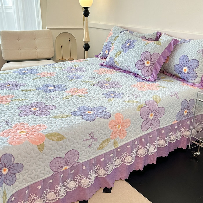 91家纺网 家纺一手货源 找家纺 珍爱家纺 2025新款冬季加厚夹棉保暖牛奶绒蕾丝花边床盖床裙单件三件套双人四件套 梦境花园