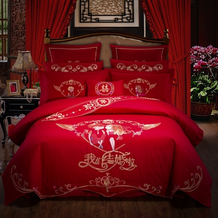 91家纺网 家纺一手货源 找家纺 （总）慕她家纺 2025慕她婚庆四件套大红色全棉纯棉刺绣结婚床上用品-系列二