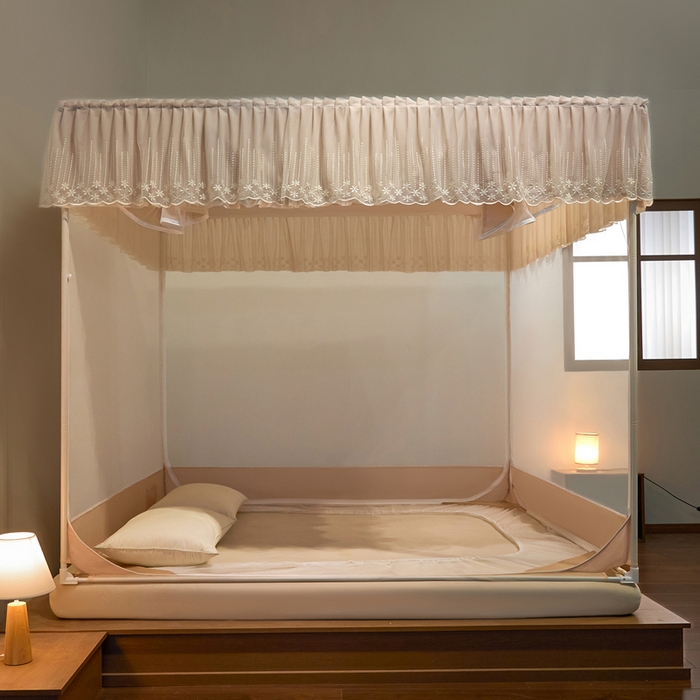 91家纺网 家纺一手货源 找家纺 飞轮海蚊帐 2025新款浪漫花边床笠款三开门方顶蚊帐-Z98 香槟