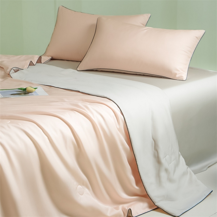 91家纺网 家纺一手货源 找家纺 笙意家纺 2025新款凉感水洗真丝麻绳双拼夏凉被-华尔兹系列 华尔兹-奶油粉+山灰