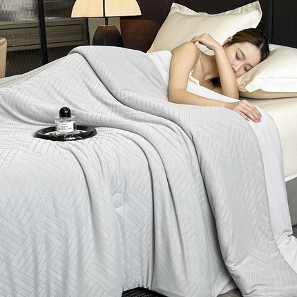 91家纺网 家纺一手货源 找家纺 子由家居 2025新款凉感丝浮雕提花大豆夏被被子被芯 经典格-浅灰