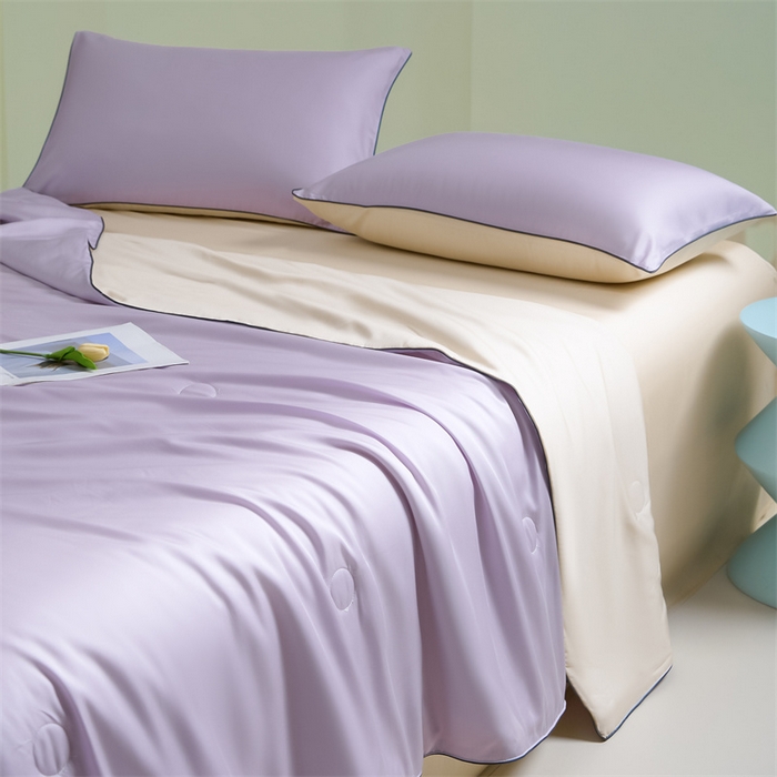 91家纺网 家纺一手货源 找家纺 笙意家纺 2025新款凉感水洗真丝麻绳双拼夏凉被-华尔兹系列 华尔兹-星黛紫+梧桐杏