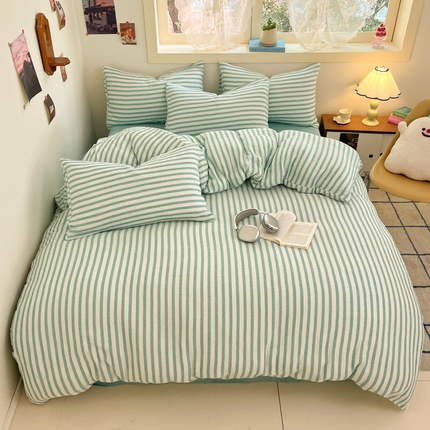 91家纺网 家纺一手货源 找家纺 艾咪-Amy ntmy 2025新款条纹款全棉双层皱皱纱四件套 小半浅紫