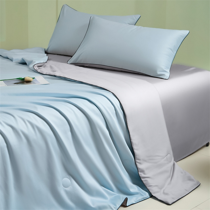 91家纺网 家纺一手货源 找家纺 笙意家纺 2025新款凉感水洗真丝麻绳双拼夏凉被-华尔兹系列 华尔兹-天空蓝+山灰