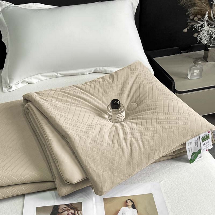 91家纺网 家纺一手货源 找家纺 子由家居 2025新款凉感丝浮雕提花大豆夏被被子被芯 经典格-香槟