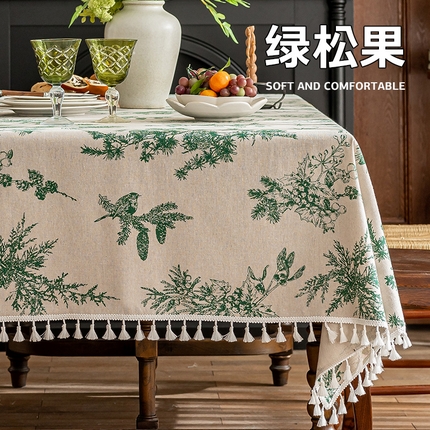 南通大梧纺织 2025新款桌布-仿棉麻小穗边 蓝玫瑰（合）-绿松果