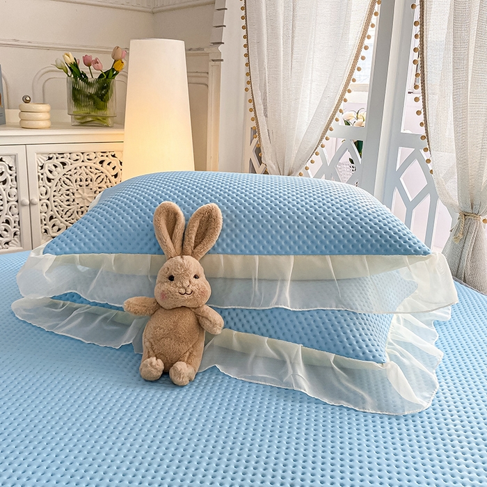 91家纺网 家纺一手货源 找家纺 眠势力 2025新款华夫格花边床笠豆豆凉席款夏季凉感床垫保护套 （提供买家秀） 天空蓝