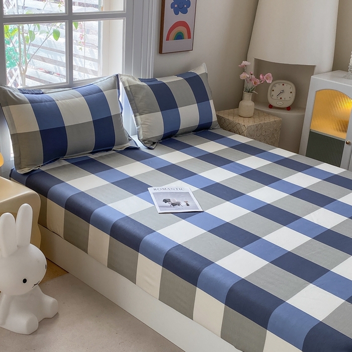 91家纺网 家纺一手货源 找家纺 凌云2025新款13372A类全棉床笠    蓝大格