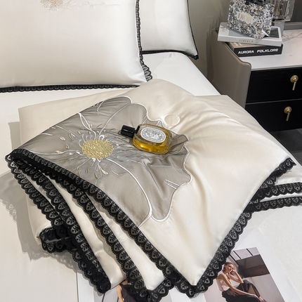 子由家居 2025新款水洗真丝贴布绣花花边夏被四件套-太阳花 太阳花-本白