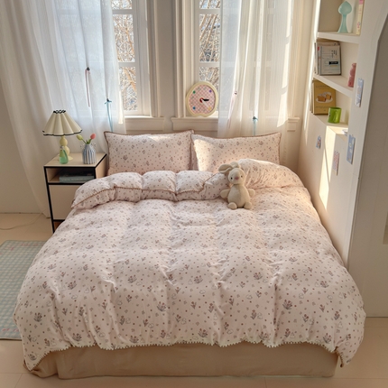 淑女公社家纺 2025春夏新款 贝壳边双层纱套件 花野兔