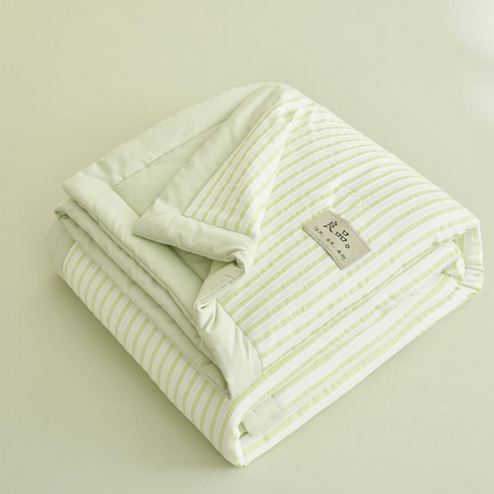 91家纺网 家纺一手货源 找家纺 子由家居 2025新款色织条纹提花大豆夏被四件套 色织条纹-果绿