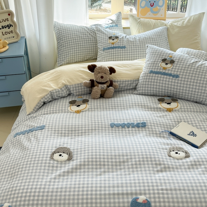 91家纺网 家纺一手货源 找家纺 乐坊2025新款云朵棉毛巾绣四件套 晚安狗狗