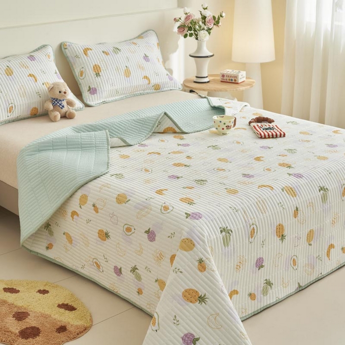 91家纺网 家纺一手货源 找家纺 子由家居 2025新款纯棉印花夹棉床盖 棉花被-热带水果