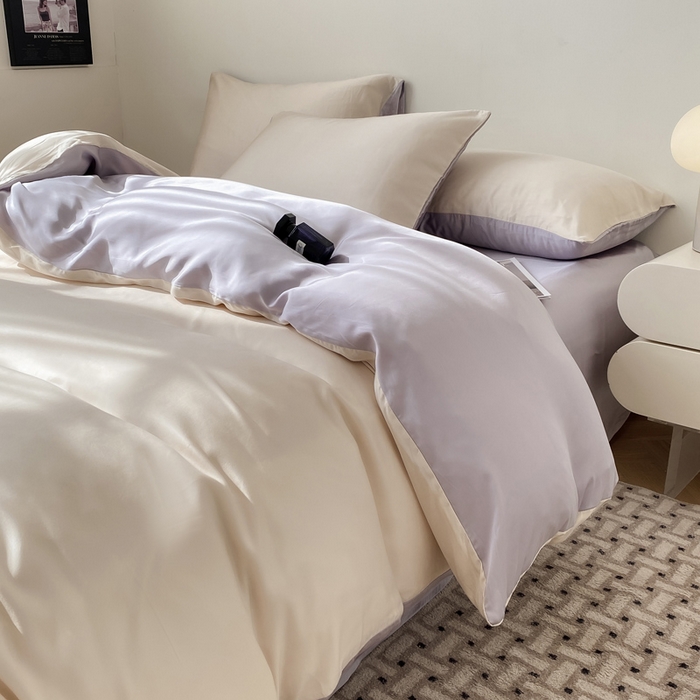 91家纺网 家纺一手货源 找家纺 繁花家居  2025新款亲肤舒适A类高支密冰丝素色冰丝四件套-风格一 白桃芋紫