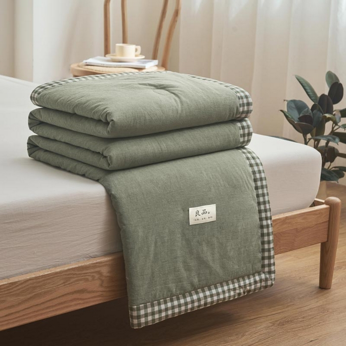 91家纺网 家纺一手货源 找家纺 子由家居 2025新款水洗棉棋盘格织标大豆纤维夏被被子被芯 棋盘格边夏被-豆绿