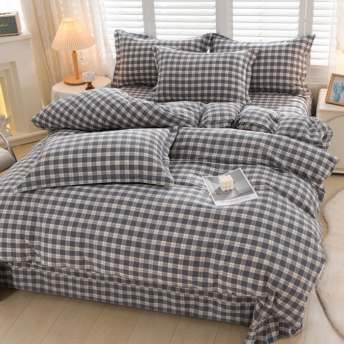 91家纺网 家纺一手货源 找家纺 润淳家居 2025新款A类全棉水洗棉四件套三件套 莱卡灰 小格