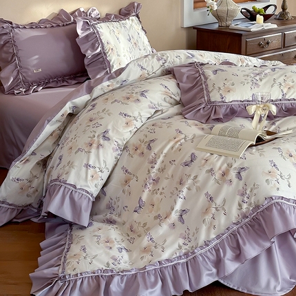 91家纺网 家纺一手货源 找家纺 （总）多乐娜 2025新款法式100s贡缎 长绒棉纯棉工艺款四件套 全棉花边款