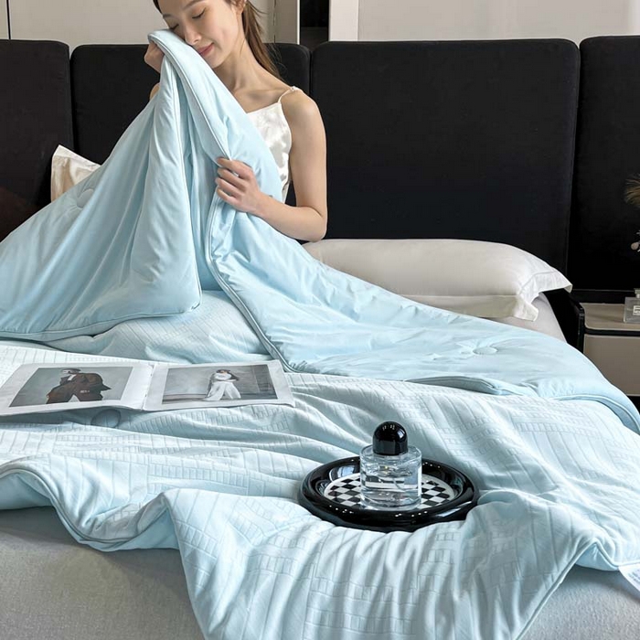 91家纺网 家纺一手货源 找家纺 子由家居 2025新款凉感丝浮雕提花大豆夏被被子被芯 经典格-天蓝