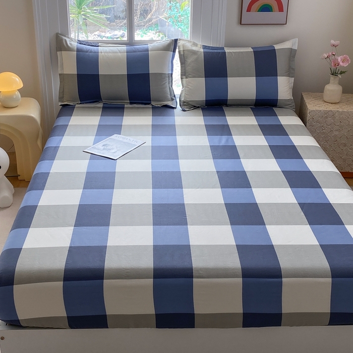 91家纺网 家纺一手货源 找家纺 凌云2025新款13372A类全棉床笠    蓝大格