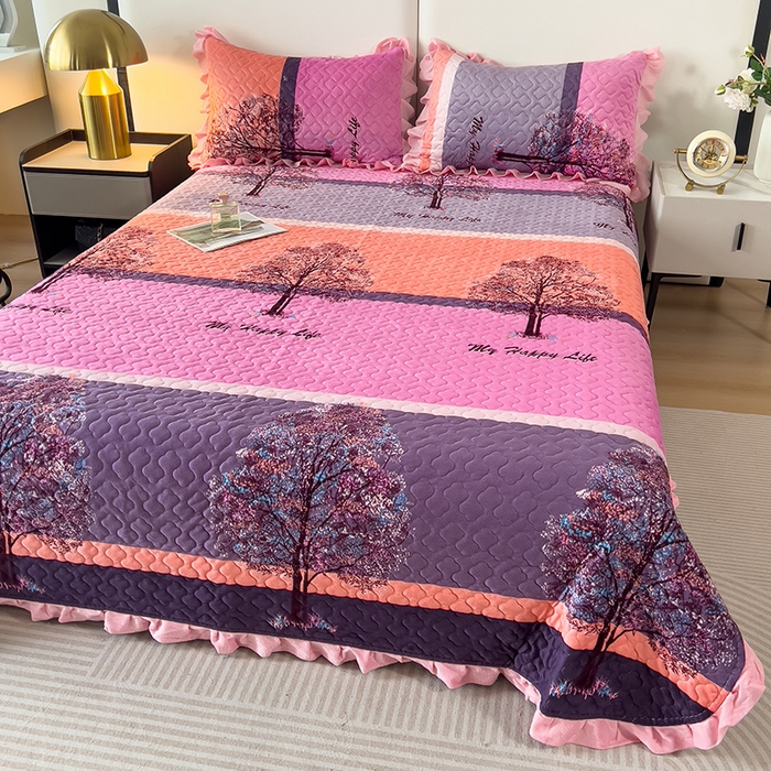 91家纺网 家纺一手货源 找家纺 2025新款水晶绒床单盖毯单人三件套花边毯子冬季加厚保暖双人加棉防滑绒毯 粉色发财树