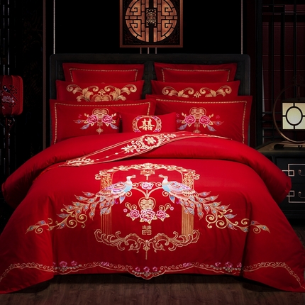 91家纺网 家纺一手货源 找家纺 （总）慕她家纺 2025慕她婚庆四件套大红色全棉纯棉刺绣结婚床上用品-系列二