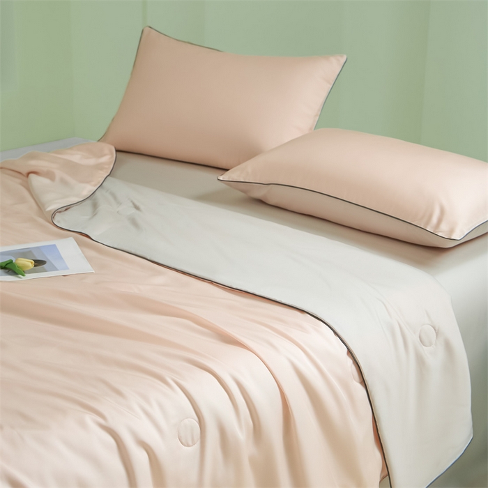 91家纺网 家纺一手货源 找家纺 笙意家纺 2025新款凉感水洗真丝麻绳双拼夏凉被-华尔兹系列 华尔兹-奶油粉+山灰