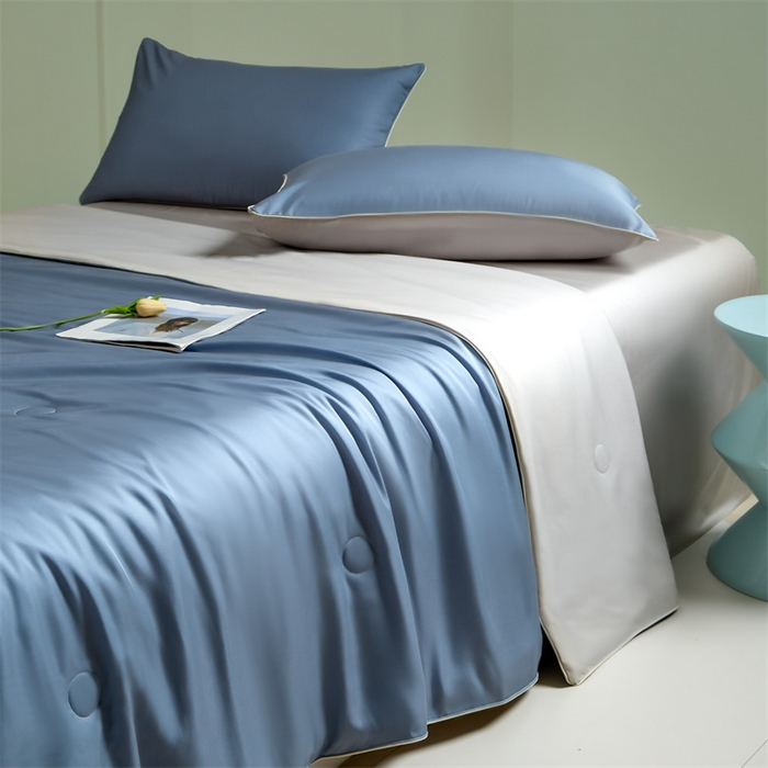 91家纺网 家纺一手货源 找家纺 笙意家纺 2025新款凉感水洗真丝麻绳双拼夏凉被-华尔兹系列 华尔兹-宾利蓝+山灰