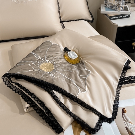 子由家居 2025新款水洗真丝贴布绣花花边夏被四件套-太阳花 太阳花-杏咖