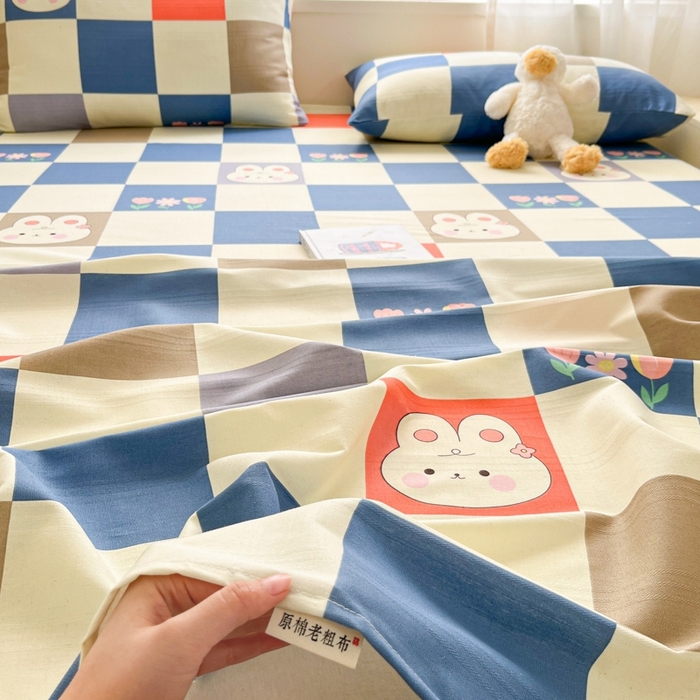 91家纺网 家纺一手货源 找家纺 莱通2025新款原棉老粗布床单 梦格兔兔