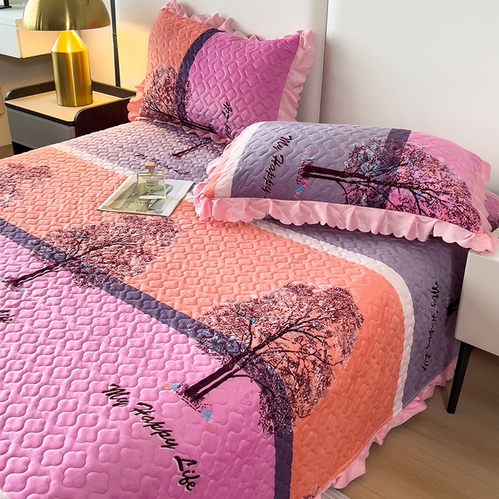 91家纺网 家纺一手货源 找家纺 2025新款水晶绒床单盖毯单人三件套花边毯子冬季加厚保暖双人加棉防滑绒毯 粉色发财树