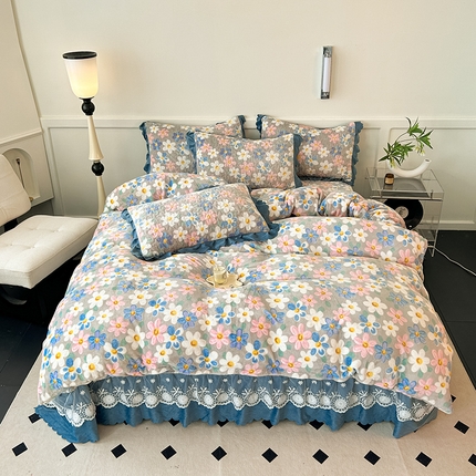 珍爱家纺 2025新款冬季加厚夹棉保暖牛奶绒蕾丝花边床盖床裙单件三件套双人四件套 美丽花园