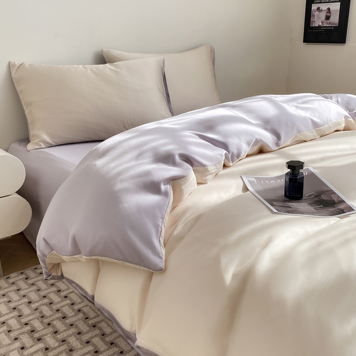 91家纺网 家纺一手货源 找家纺 繁花家居  2025新款亲肤舒适A类高支密冰丝素色冰丝四件套-风格一 白桃芋紫