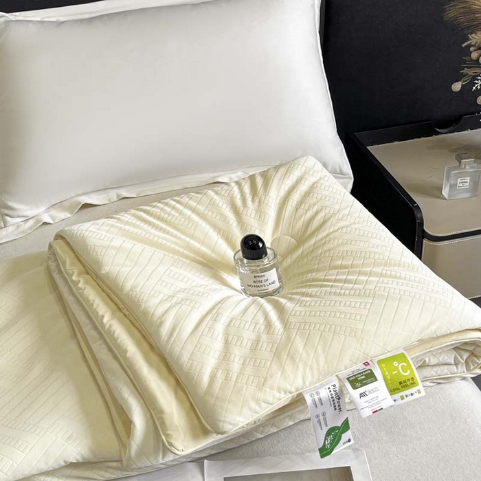 91家纺网 家纺一手货源 找家纺 子由家居 2025新款凉感丝浮雕提花大豆夏被被子被芯 经典格-米白