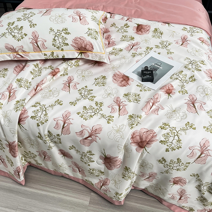 91家纺网 家纺一手货源 找家纺 绘萱2025爆款直播印花水洗天丝夏被四件套凉感水洗真丝冰丝夏凉被空调被克里丝