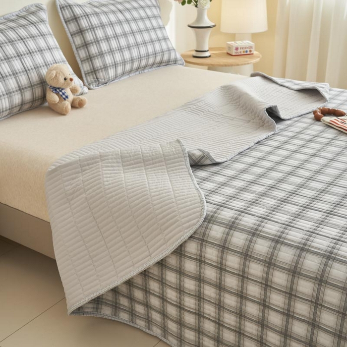 91家纺网 家纺一手货源 找家纺 子由家居 2025新款纯棉印花夹棉床盖 棉花被-灰色格