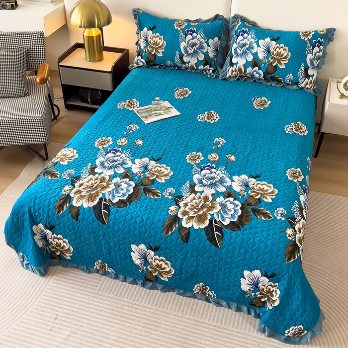 91家纺网 家纺一手货源 找家纺 2025新款水晶绒床单盖毯单人三件套花边毯子冬季加厚保暖双人加棉防滑绒毯 蓝色蝶恋花