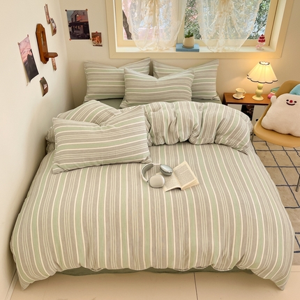 91家纺网 家纺一手货源 找家纺 艾咪-Amy ntmy 2025新款条纹款全棉双层皱皱纱四件套 小半浅紫