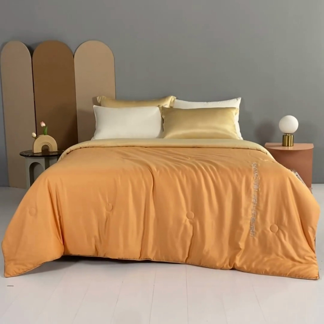 91家纺网 家纺一手货源 找家纺 子由家居 2025新款水洗真丝轻奢绣花系列夏被四件套 轻奢绣花-雅橘