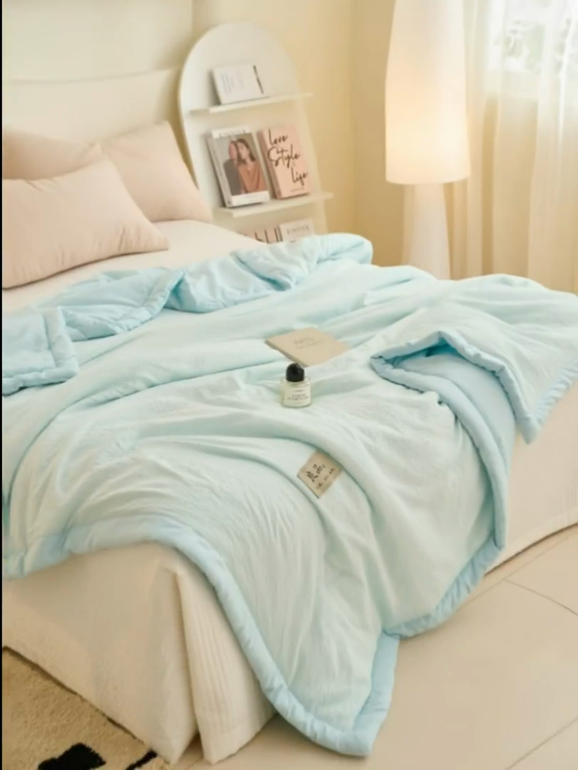 91家纺网 家纺一手货源 找家纺 子由家居 2025新款双层邹邹格大豆纤维夏被被子夏被 邹邹格-天蓝