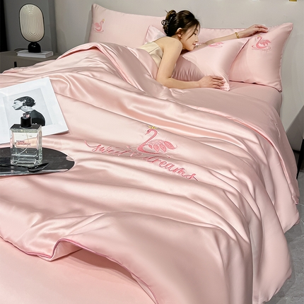 如一 2025新款水洗冰丝麻绳夏被四件套天鹅系列 天鹅-奶油粉