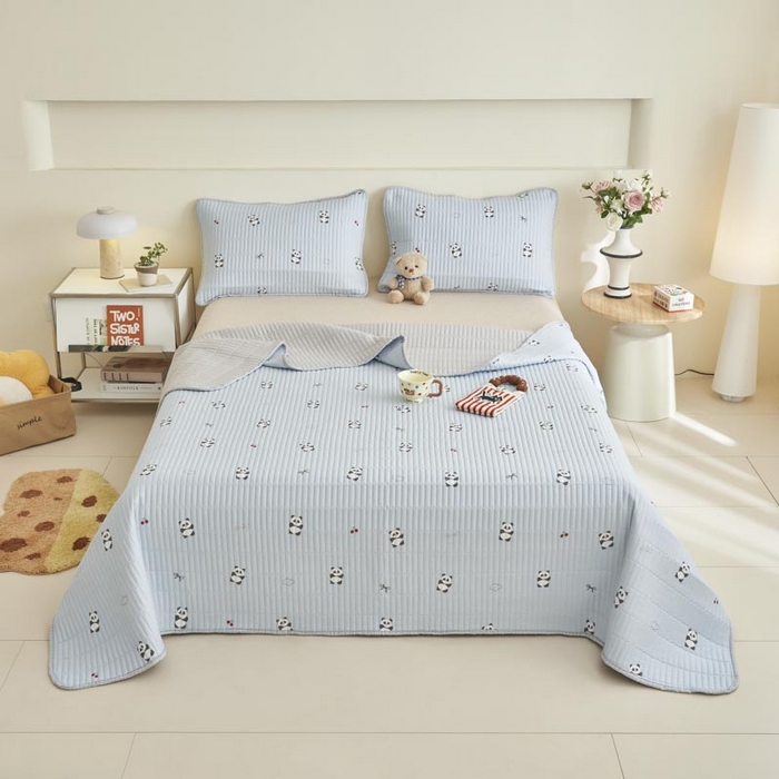 91家纺网 家纺一手货源 找家纺 子由家居 2025新款纯棉印花夹棉床盖 棉花被-熊猫乐园