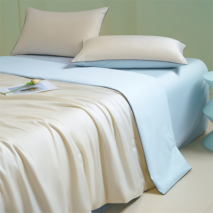 91家纺网 家纺一手货源 找家纺 笙意家纺 2025新款凉感水洗真丝麻绳双拼夏凉被-华尔兹系列 华尔兹-奶昔白+天空蓝