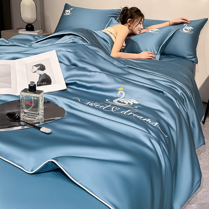 91家纺网 家纺一手货源 找家纺 （总）如一 2025新款水洗冰丝麻绳夏被四件套天鹅系列