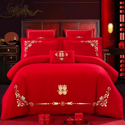 91家纺网 家纺一手货源 找家纺 （总）慕她家纺 2025慕她婚庆四件套大红色全棉纯棉刺绣结婚床上用品-系列二