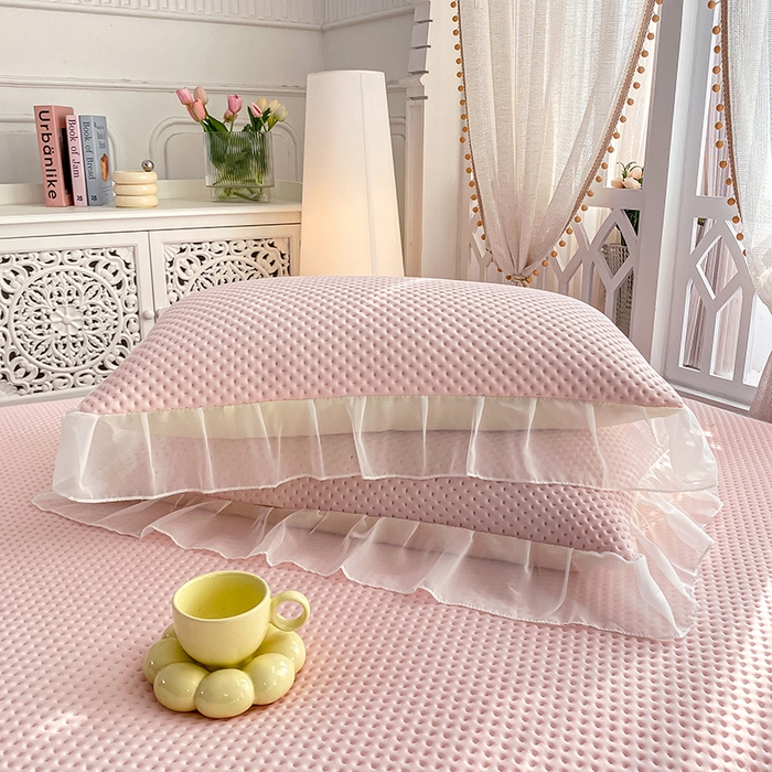 91家纺网 家纺一手货源 找家纺 眠势力 2025新款华夫格花边床笠豆豆凉席款夏季凉感床垫保护套 （提供买家秀） 奶油粉