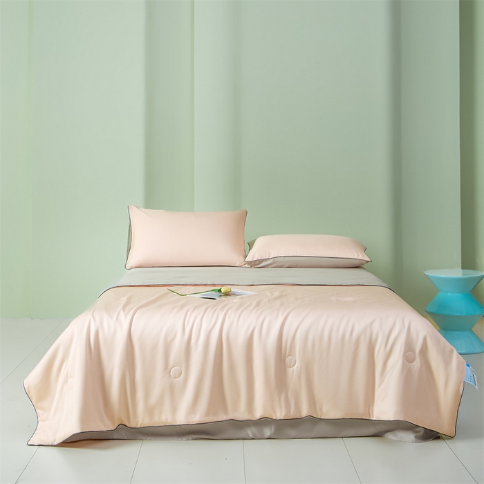 91家纺网 家纺一手货源 找家纺 笙意家纺 2025新款凉感水洗真丝麻绳双拼夏凉被-华尔兹系列 华尔兹-奶油粉+山灰