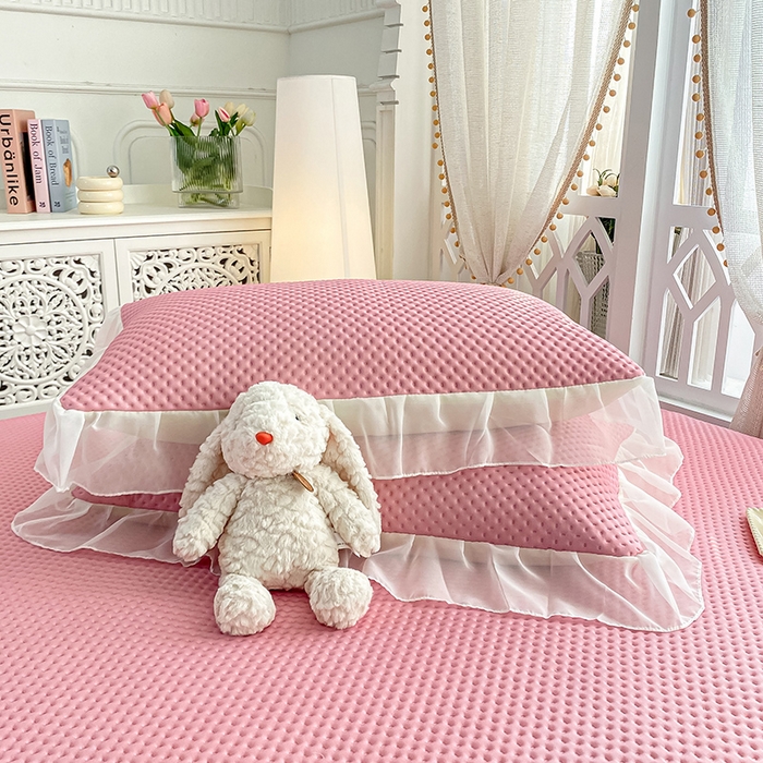 91家纺网 家纺一手货源 找家纺 眠势力 2025新款华夫格花边床笠豆豆凉席款夏季凉感床垫保护套 （提供买家秀） 紫豆沙