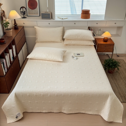 漫调2025新款双面全棉砂洗水洗星星绗缝多功能夏被床盖三件套 繁星杏