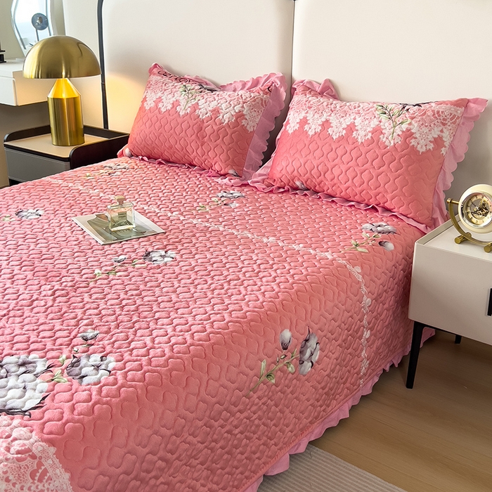 91家纺网 家纺一手货源 找家纺 2025新款水晶绒床单盖毯单人三件套花边毯子冬季加厚保暖双人加棉防滑绒毯 木棉花粉