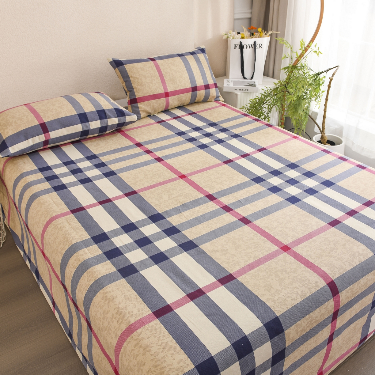 91家纺网 家纺一手货源 找家纺 红日子纺织品 2025新款直播热卖原棉老粗布印花床单三件套 巴宝莉-咖